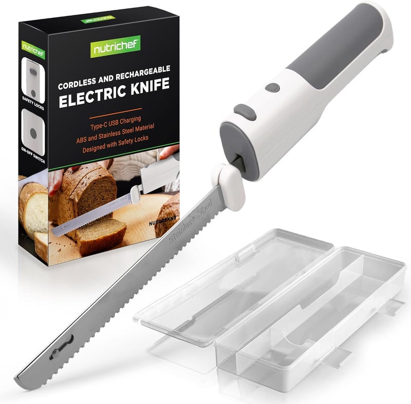 NutriChef Cordless Electric Knife | Easy to Use Constant ON/OFF Safety Function Button | Carve Turkey, Meats, Poultry, Bread, Cheese & More | Lightweight with Contoured Grip Handle | White & Grey - Image 1